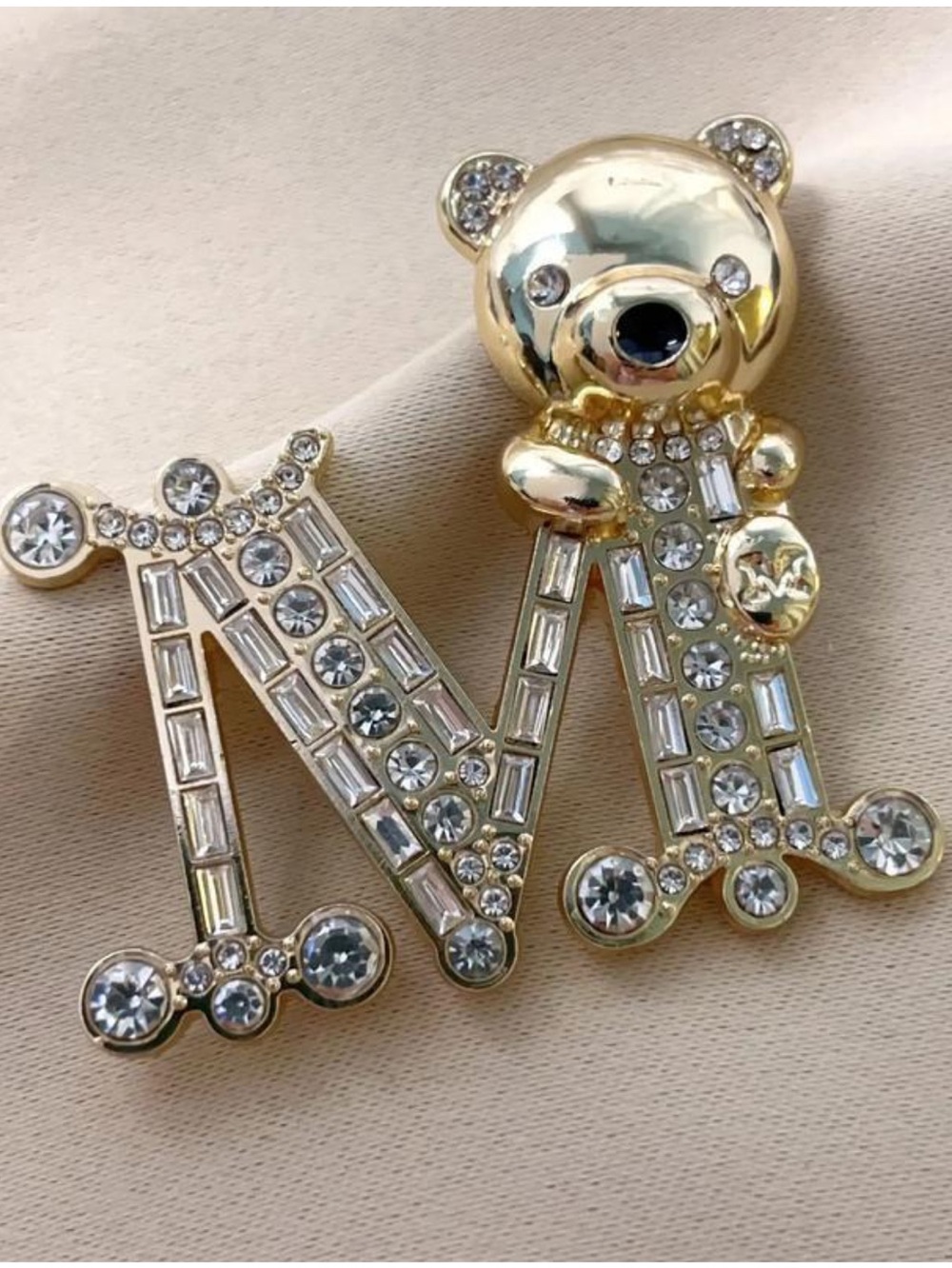 MaxMara Gold Crystal 'M' Letter Brooch with Bear Motif